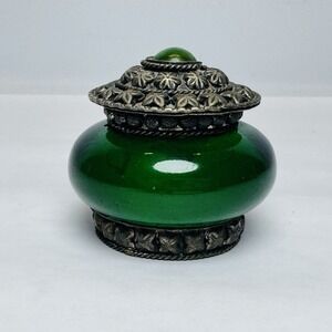 Vintage Twos & Co. Emerald Green Glass and Pewter Small Trinket Box